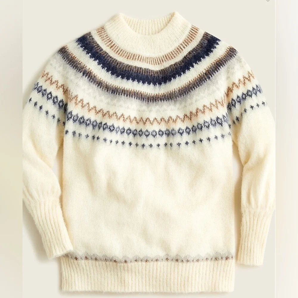 NWOT J. Crew Fair Isle Yolk puff sleeve cream and navy sweater sz sm